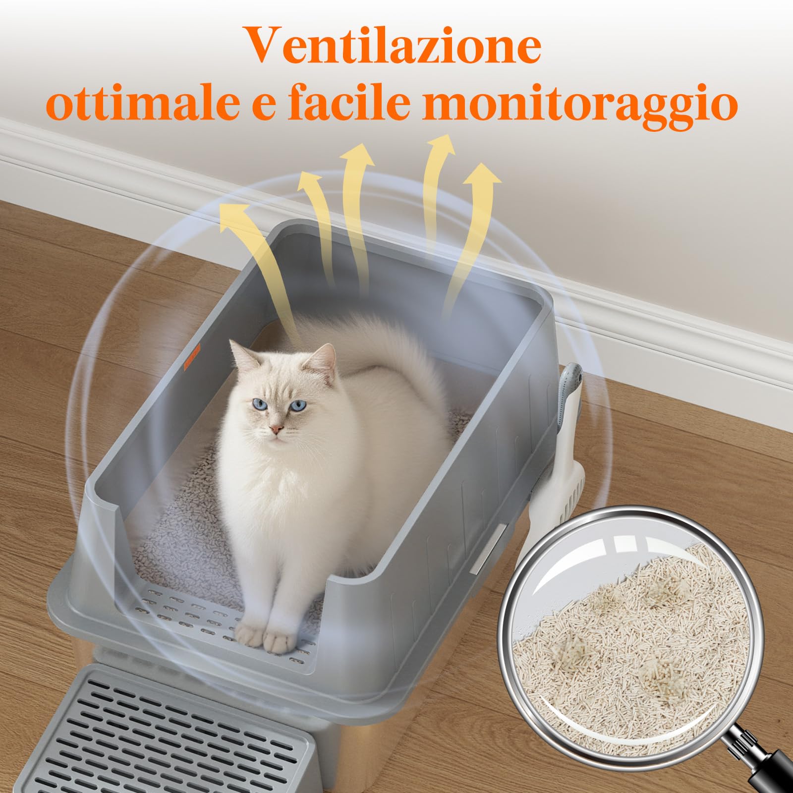 Lifewit Lettiera per Gatti in Acciaio Inox, Aperta, 60,5 x 40,7 x 17,5 cm, con Pala e Pedale, XXL, Senza Coperchio, per Gatti, per Soggiorno, Camera da Letto, Grigio