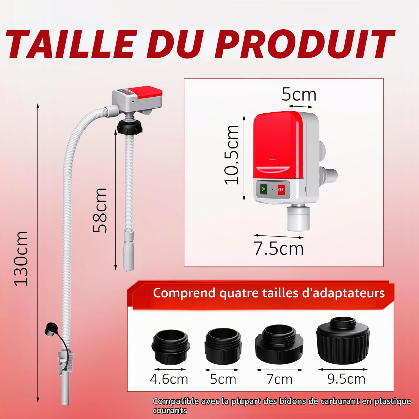 Pompe Électrique pour Carburant avec Stop Automatique - Essence, Gaz, Diesel, USB pompe électrique à essence avec 4 tailles d'adaptateurs et tuyau