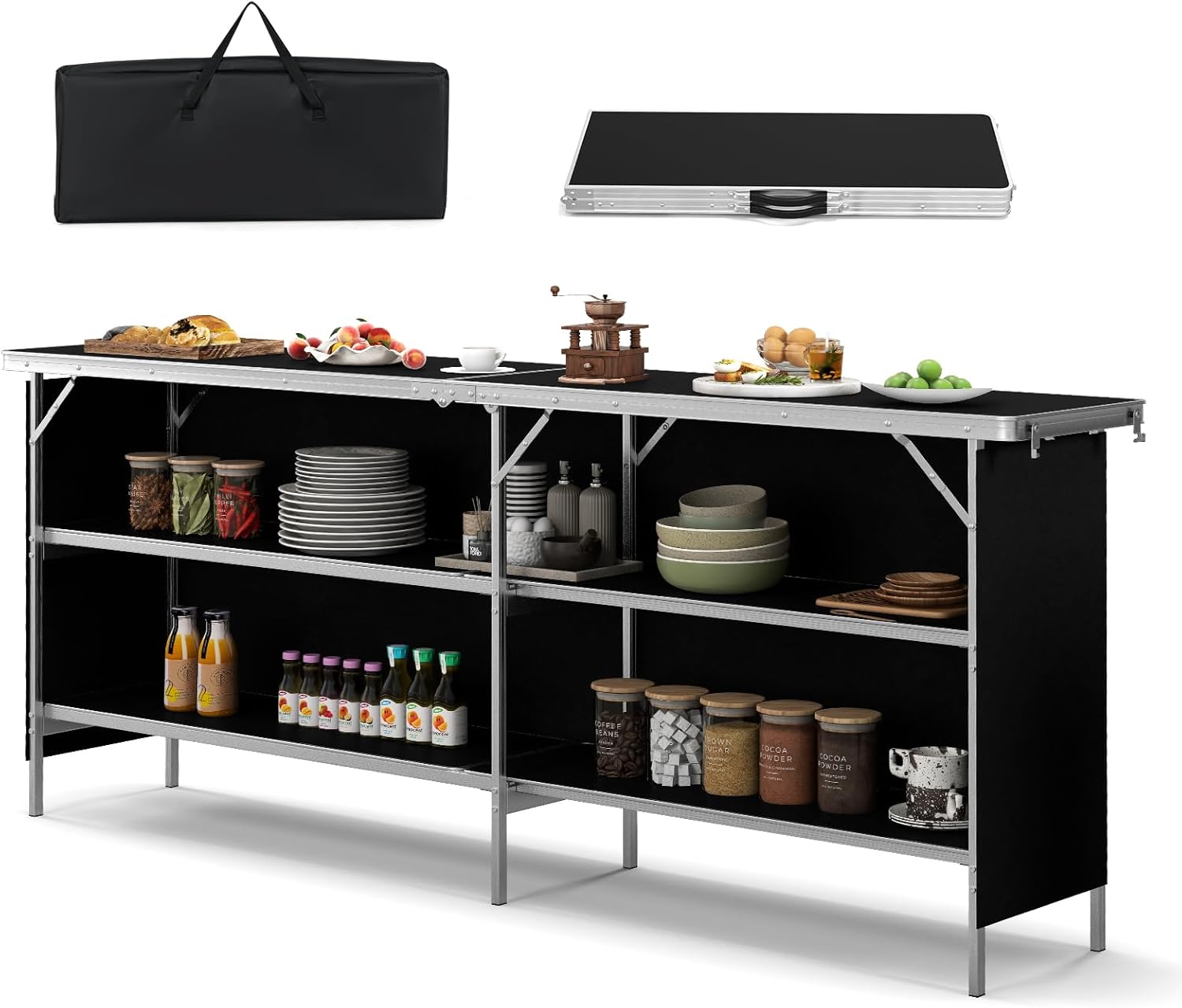 COSTWAY 81″ Folding Picnic Table, Portable Bar Table with Carry Bag, Lightweight Aluminum Food Prep Station with 2 Shelves, Quick Set-up, BBQ, Party, Backyard, Black