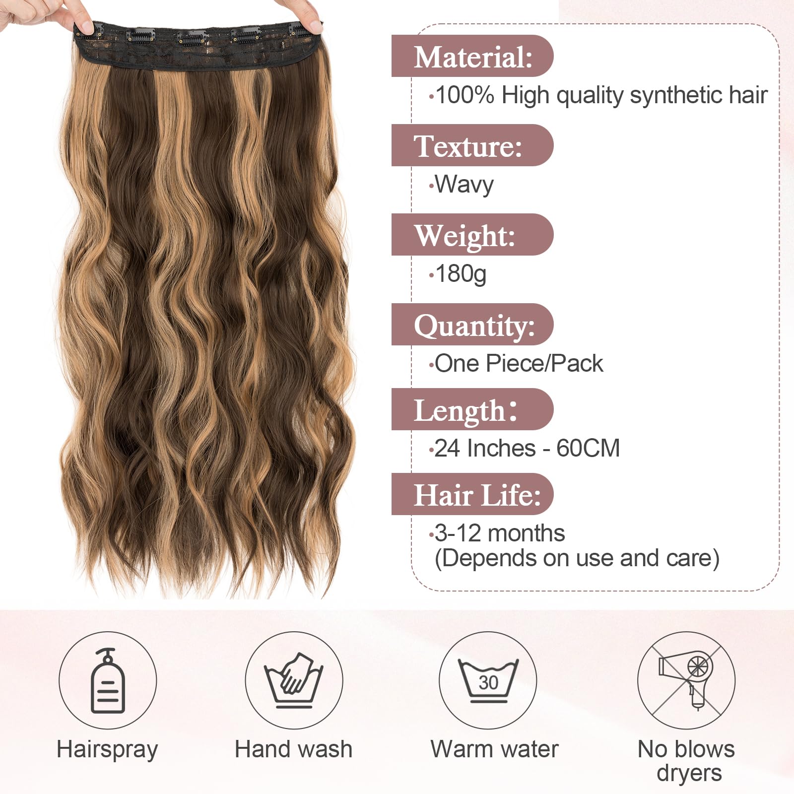 SEGO 20 Inch One Piece Clip In Hair Extensions Long Wavy Synthetic Clip In Hairpiece With 5 Secure Clips, Caramel & Golden Highlights - Image 3