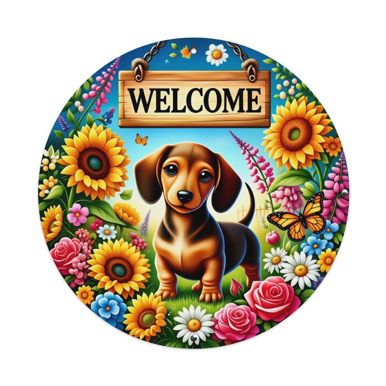 Welcome Dog Flower Garden Butterfly Round Tin Sign Retro Metal Sign for Cafe Bar Pub Home Game Room Gym Club Wall Decoration Vintage Metal Poster 8x8 Inch
