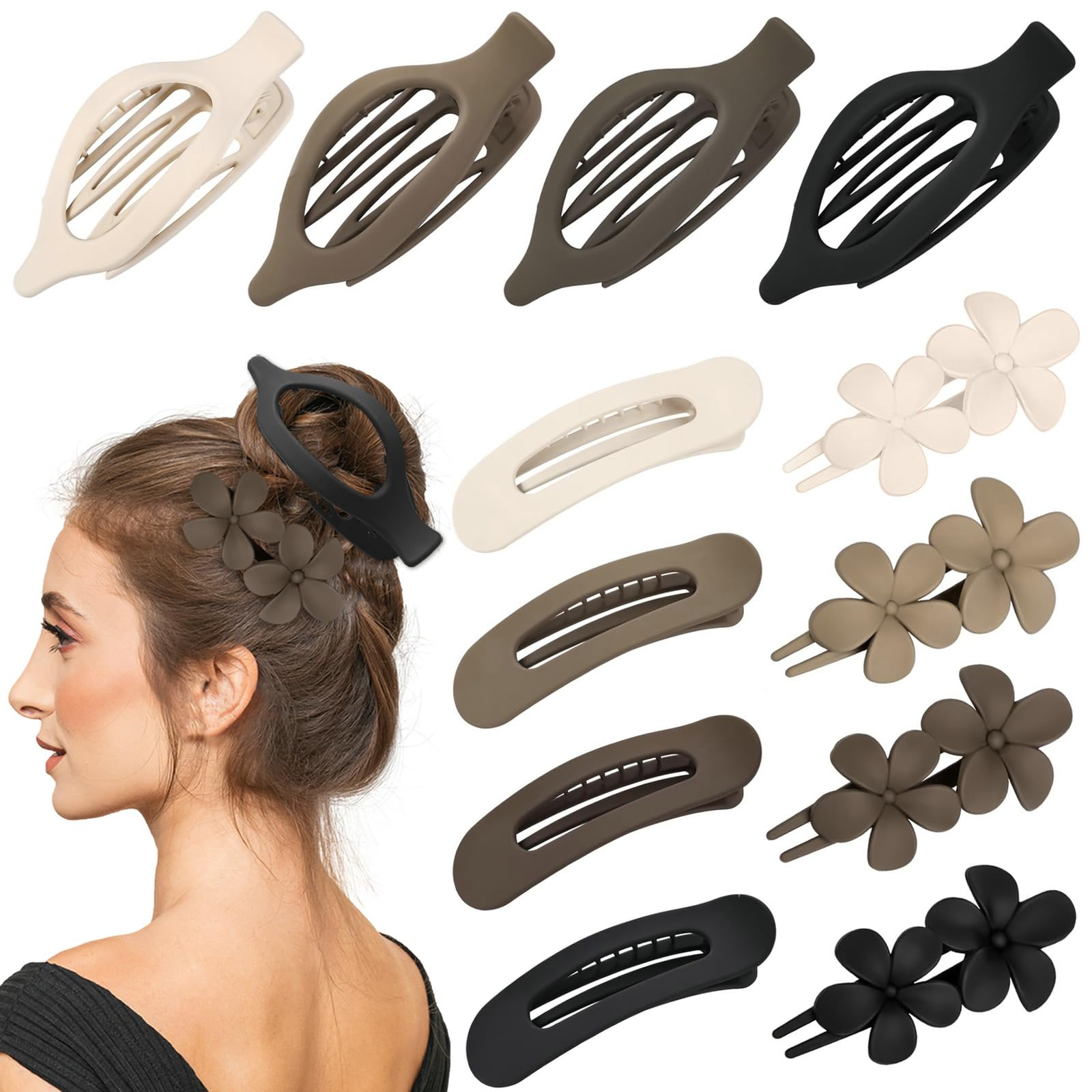 Photo 1 of 12 Pcs Neutral Colors Flat Hair Clips, YINGFENG Flat Claw Clip for Women, Matte Non-Slip Flower Claw Clips for Thin Thick Hair, Suitable for Women and Girls Wedding Party Accessories