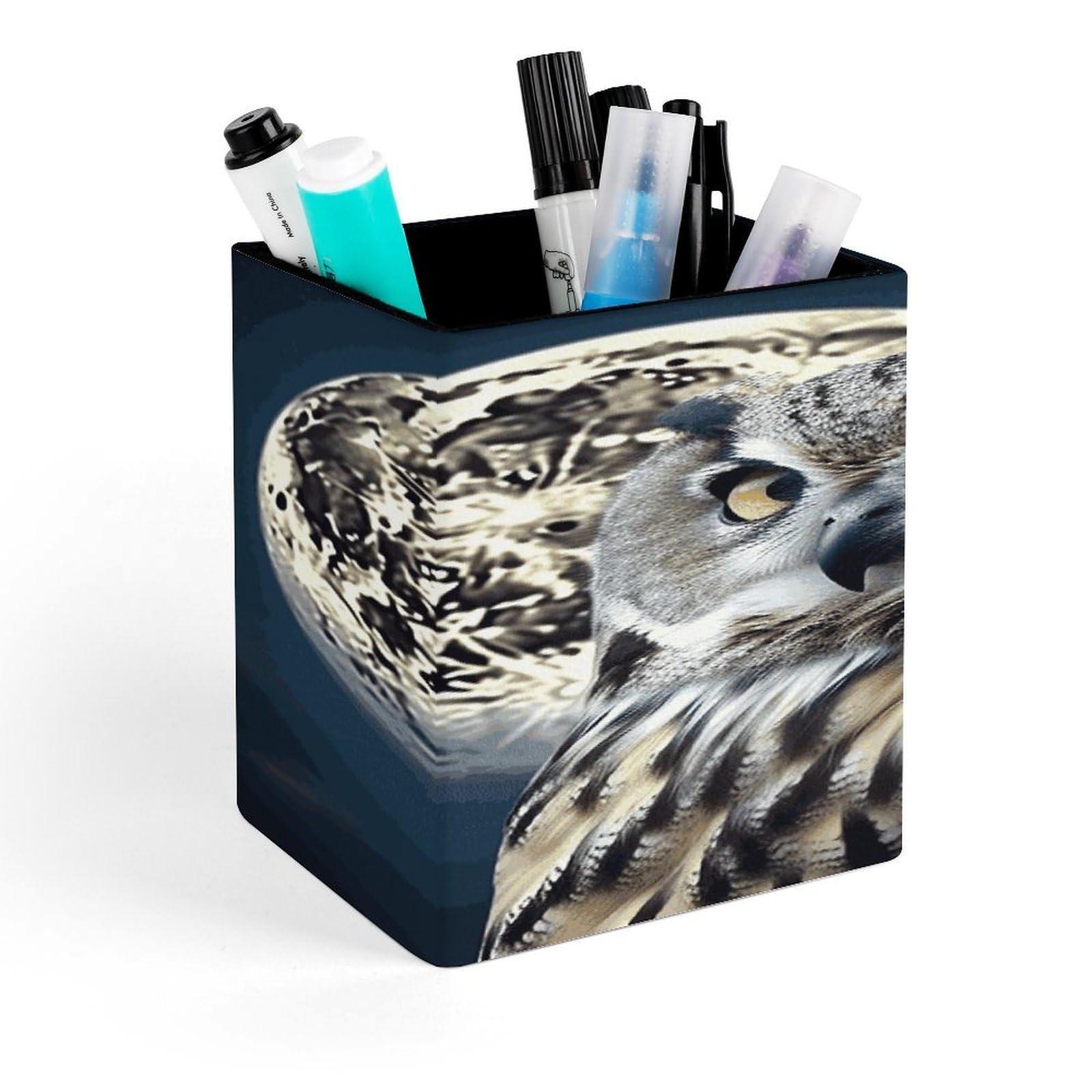 FekiLoot Owl And Moon Pencil Holder for Desk Square Leather Pen Holder Cup Desktop Organizer Multi-Functional Pencil Cup Holders Modern Decorative Desk Organizer Caddy Makeup Brush Holders