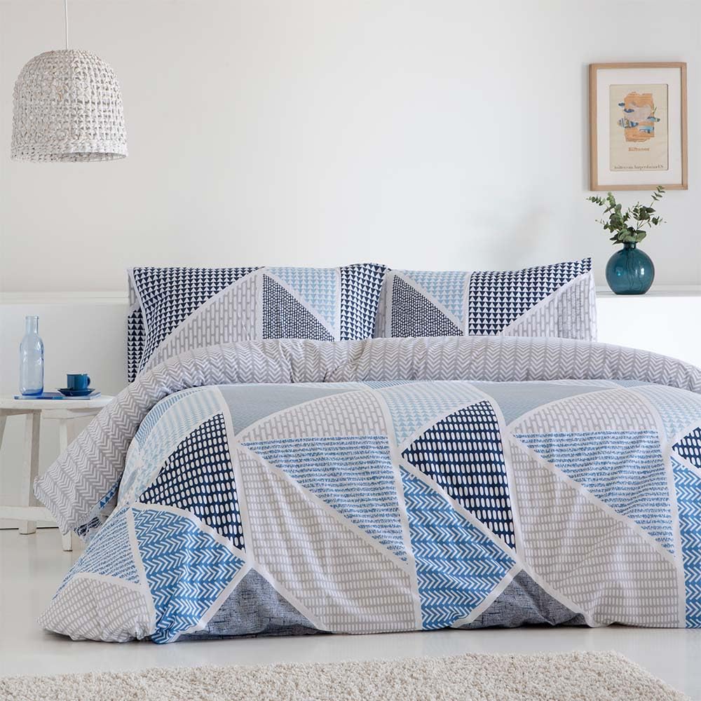 COTTON ARTean Funda Nórdica Reversible Cama 90 Algodón Poliéster GEKA Azul, Funda edredón 150x220 + 1 Funda de Almohada, Cierre con Botones