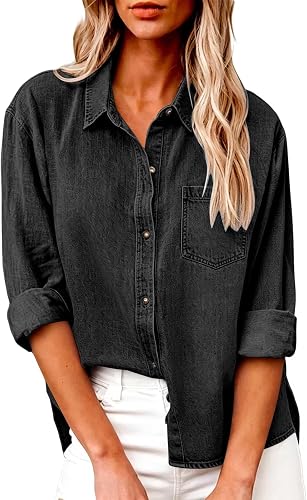 Light Weight Denim Shirt Women Button Down Casual Loose Trendy Vintage Soft Wash