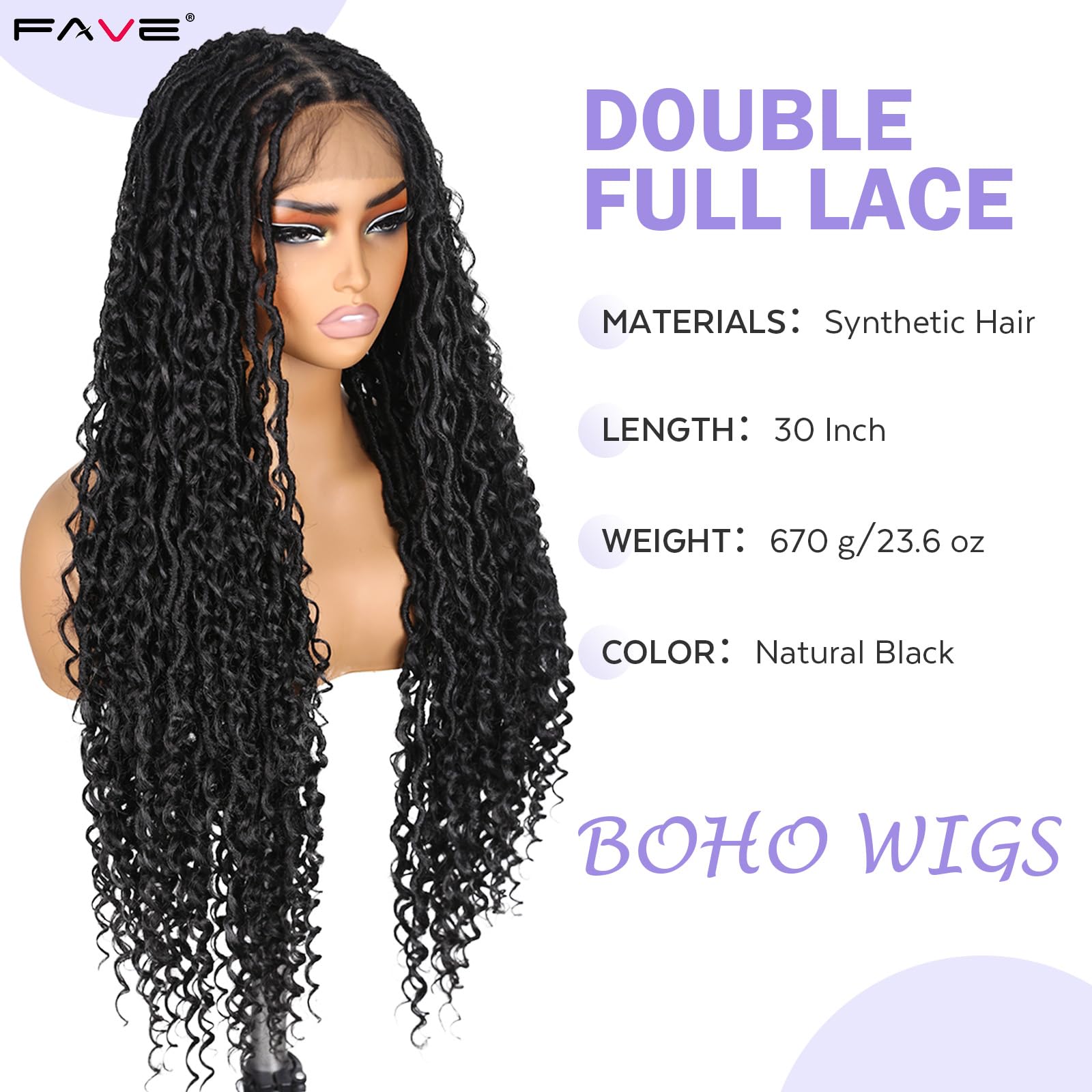 FAVE Synthetische Zopfperücke, Vollspitze, Boho Locs - Schwarz