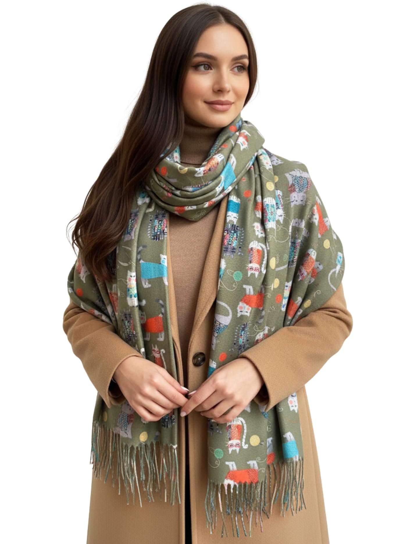 The Accessory Co. Women's Green Cats Fun Cat Scarf, Cat Gift For Cat Lover - Scarf Lightweight Shawl Wrap, Pashmina Scarves For Spring Summer Winter - Gift For Her, Birthday, Mothers Day (Green Cats)