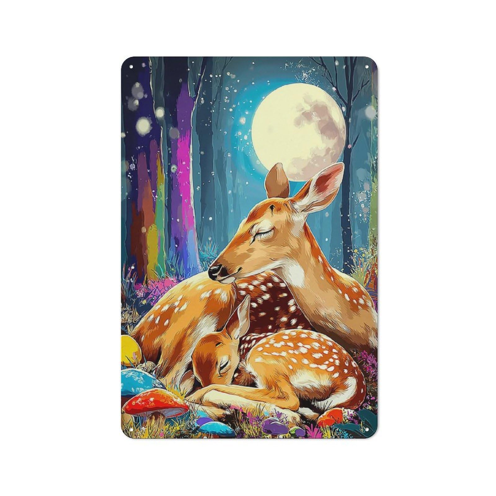 Junmoney Deer Family In Moonlit Forest Tin Sign 30X20cm With For Workshop Wall, Vintage Decor, Gift For Workshop Decor Fans During The Christmas Season