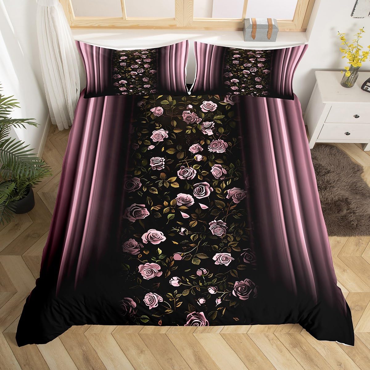 Homemissing Floral Bedding Set Ombre Pink Rose Teens Duvet Cover Set for Kids Boys Girls Pink Rose Flower Decor Comforter Cover Romantic Modern Quilt Cover 3Pcs King Size