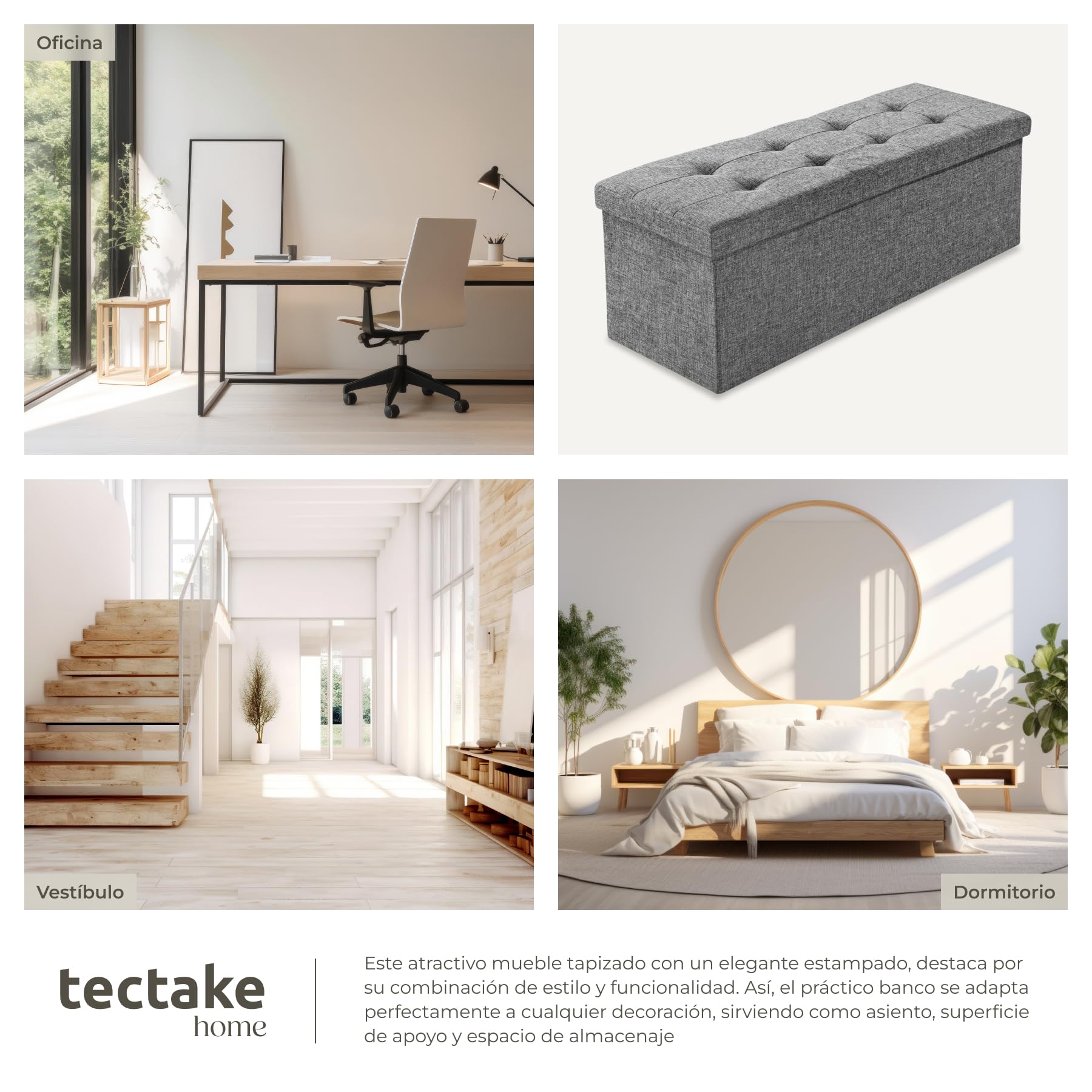tectake® Puff Almacenaje Plegable con Asiento Acolchado y Gran Capacidad Interior, Ideal como Zapatero Entrada Recibidor o Banco con Almacenaje para el Hogar - 110 x 38 x 38 cm Gris Claro