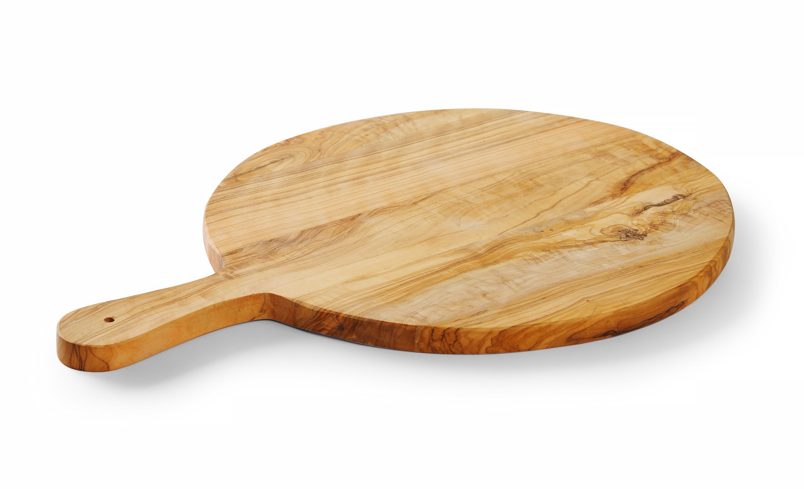 HENDI Tabla de Servir, de Madera de Olivo, con Mango y Orificio para Colgar, Tabla de Quesos, Tabla de Cortar, Tabla de Desayunos, Tabla de Cocina, Tabla de Tapas, Redondo, aprox. ø320x(H)19mm