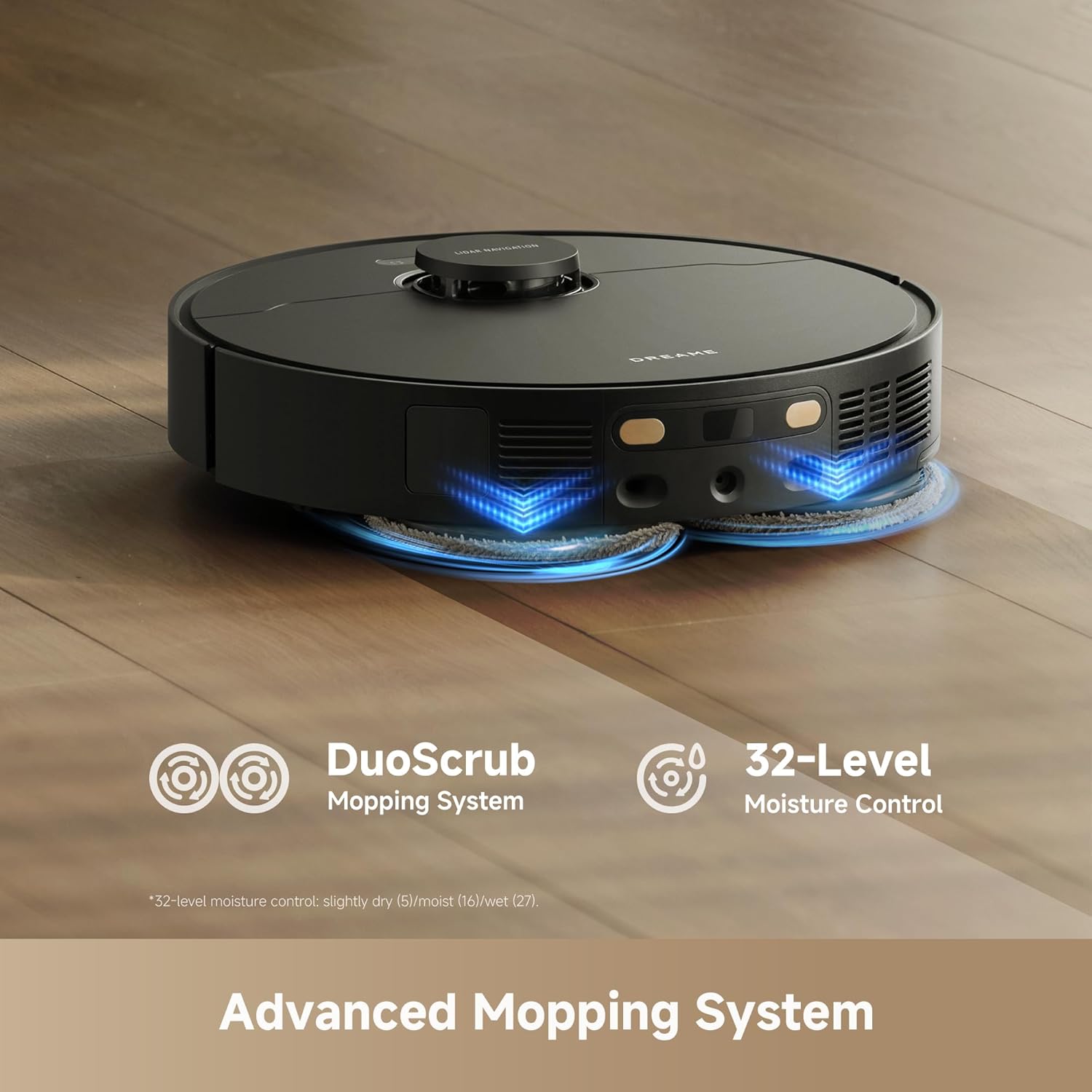 DREAME L40 Ultra Gen 2 robot vacuum mopping a hard floor, highlighting its DuoScrub Mopping System and 32-Level Moisture Control.