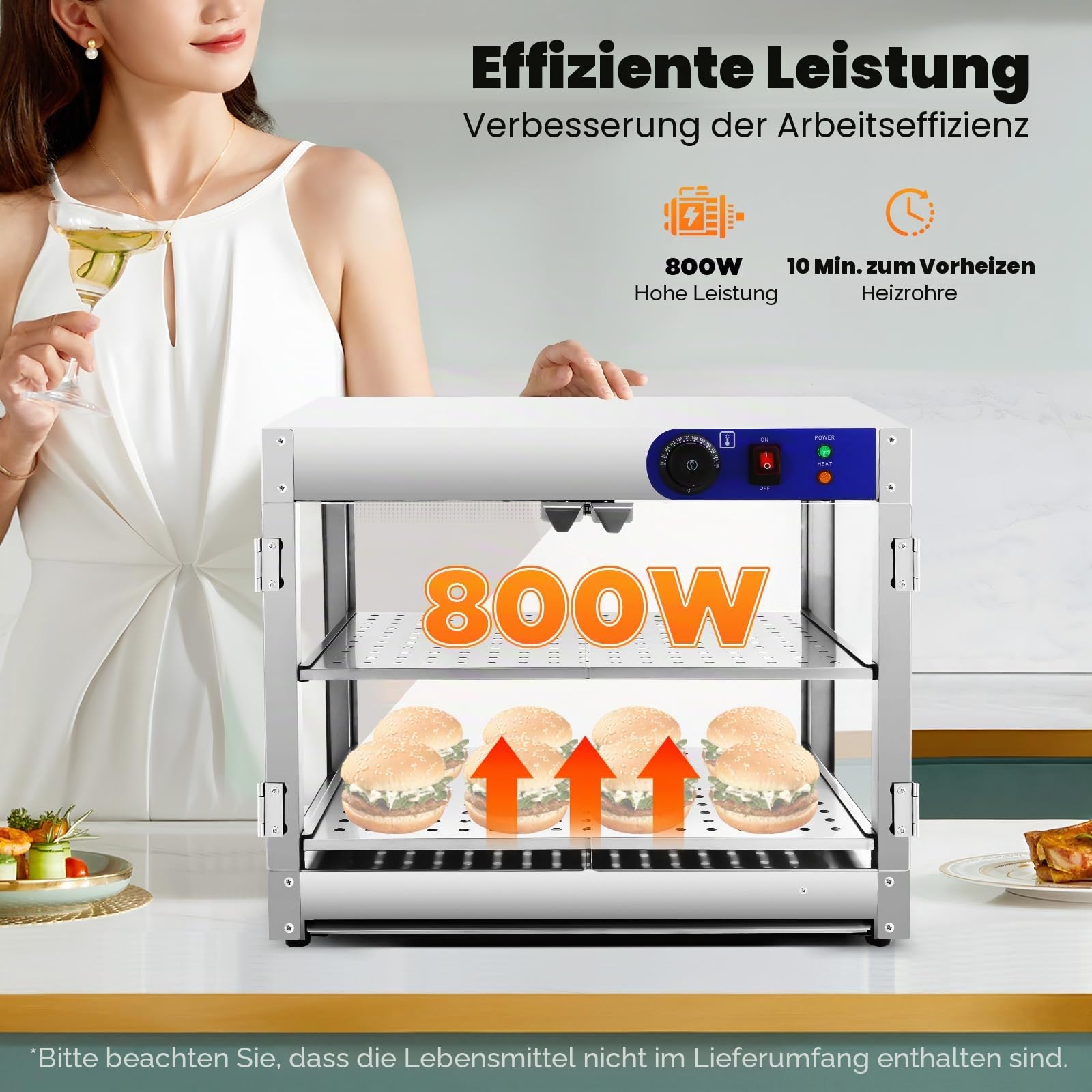 Aufsatzvitrine Warmhaltetheke Heißtheke Gewerblicher Speisenwärmer mit 2 Edelstahlrahmen Warmhaltevitrine Benutzt Einstellbares Thermostat 30°C bis 85°C für Kantinen Bäckereien Cafés 800W