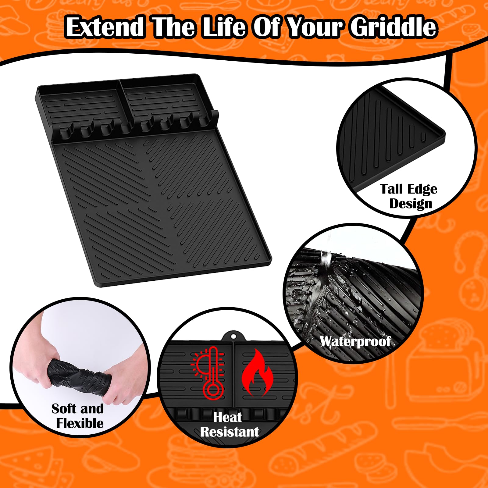 Silikon-Grillmatte Für Blackstone – Große Spatelmatte Mit Tropf-Pad & 8 Slots, Hitzebeständig Bis 260°C, Orange