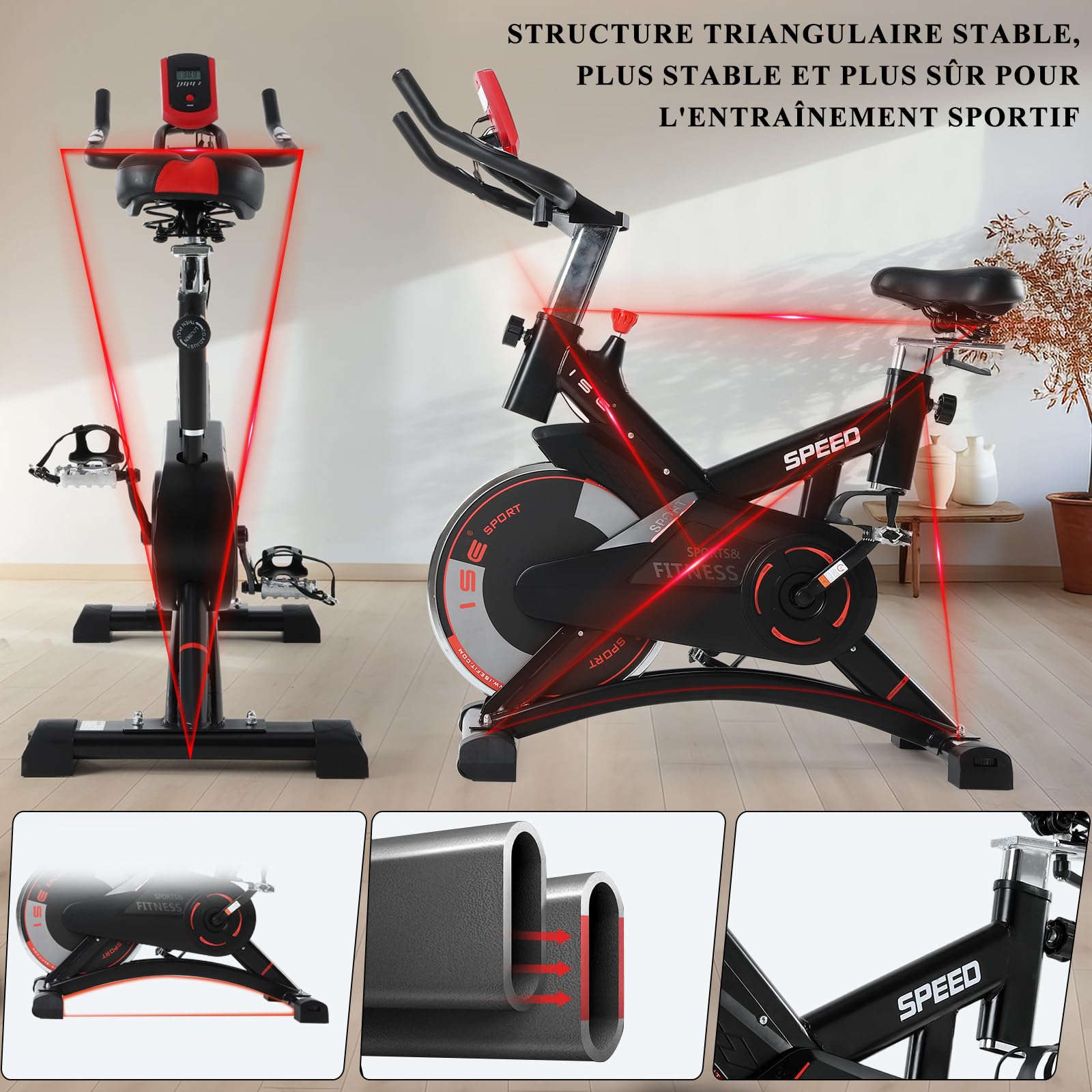 ISE Velo d appartement, Ergonomie Cardio-Training, Exercise Bike, Velo Appartement Fitness, Multifonction Ecran/Impulsion, Vélo d'Appartement Selle/Guidon Hauteur Réglable, Vélo Appartement à Domicile
