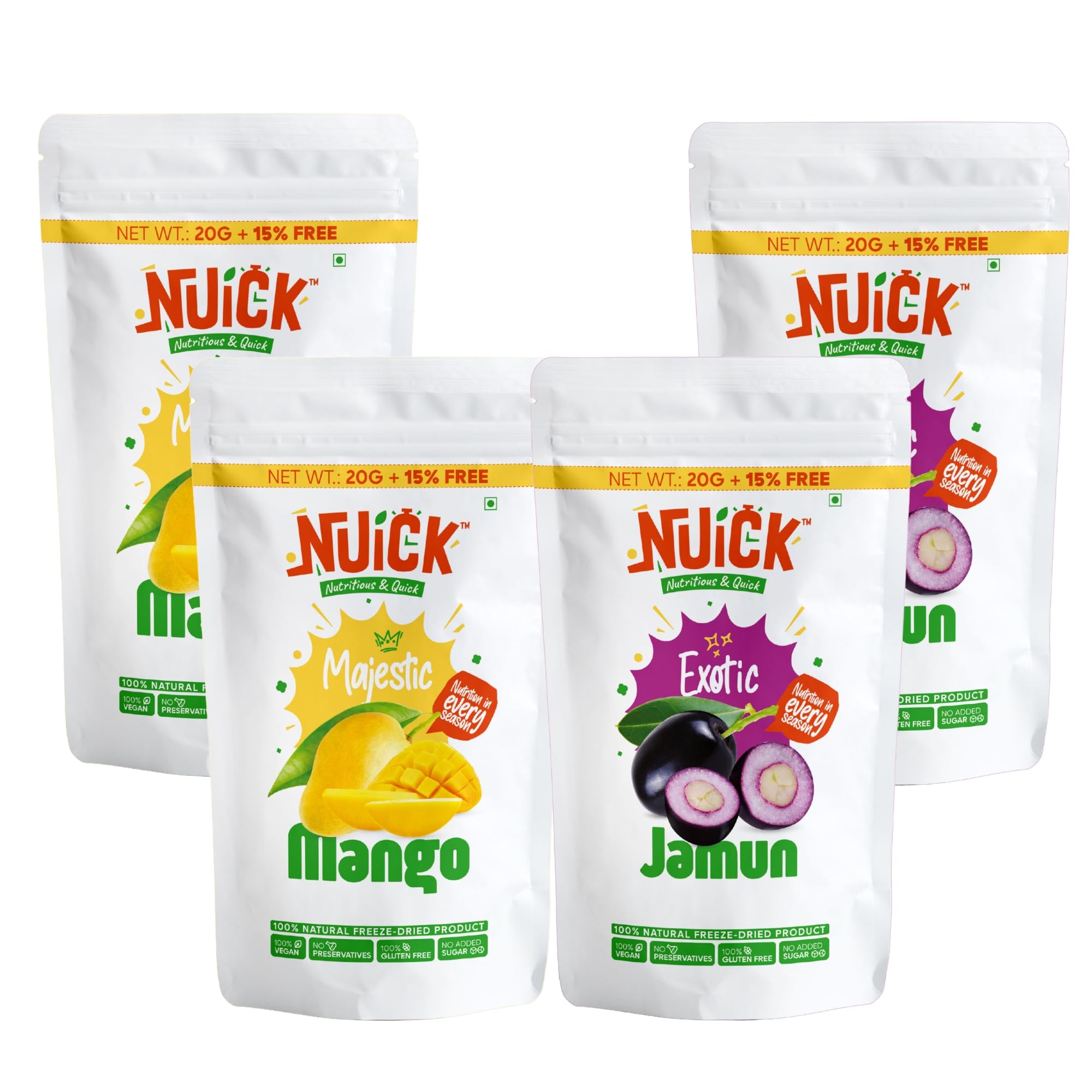 NUICK 2 Packs each of Freeze Dried Mango and Jamun | Pack of 4 | 100% Natural fruit, No Preservative, No Added Sugar, Not Frozen | Nutritious and Crunchy Snacks