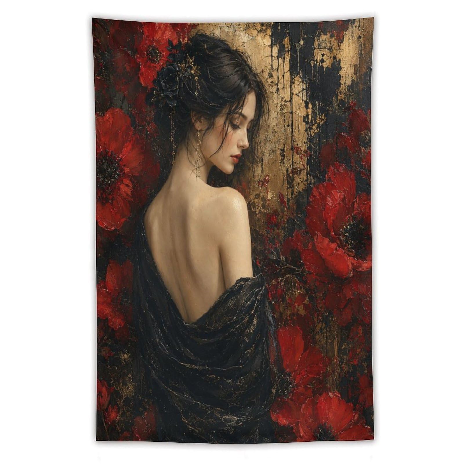 W7C8U2X3 Red Poppy Woman Portrait Wall Tapestry, Impressionist, Bed