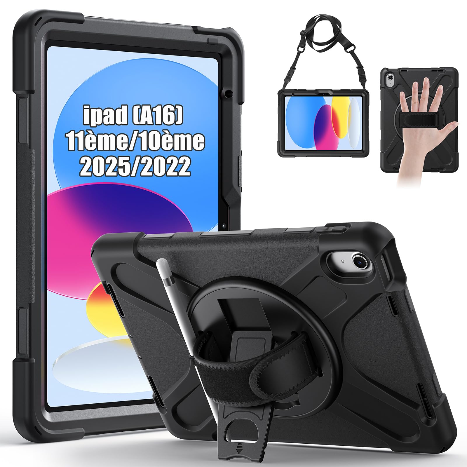 Gerutek Coque Antichoc pour iPad (A16) 11ème/10ème Génération (11/10.9 Pouces) 2025/2022, Coque pour iPad 10ème, Étui Robuste avec Support Rotatif à 360°, Dragonne et Bandoulière, Porte-Stylet, Noir