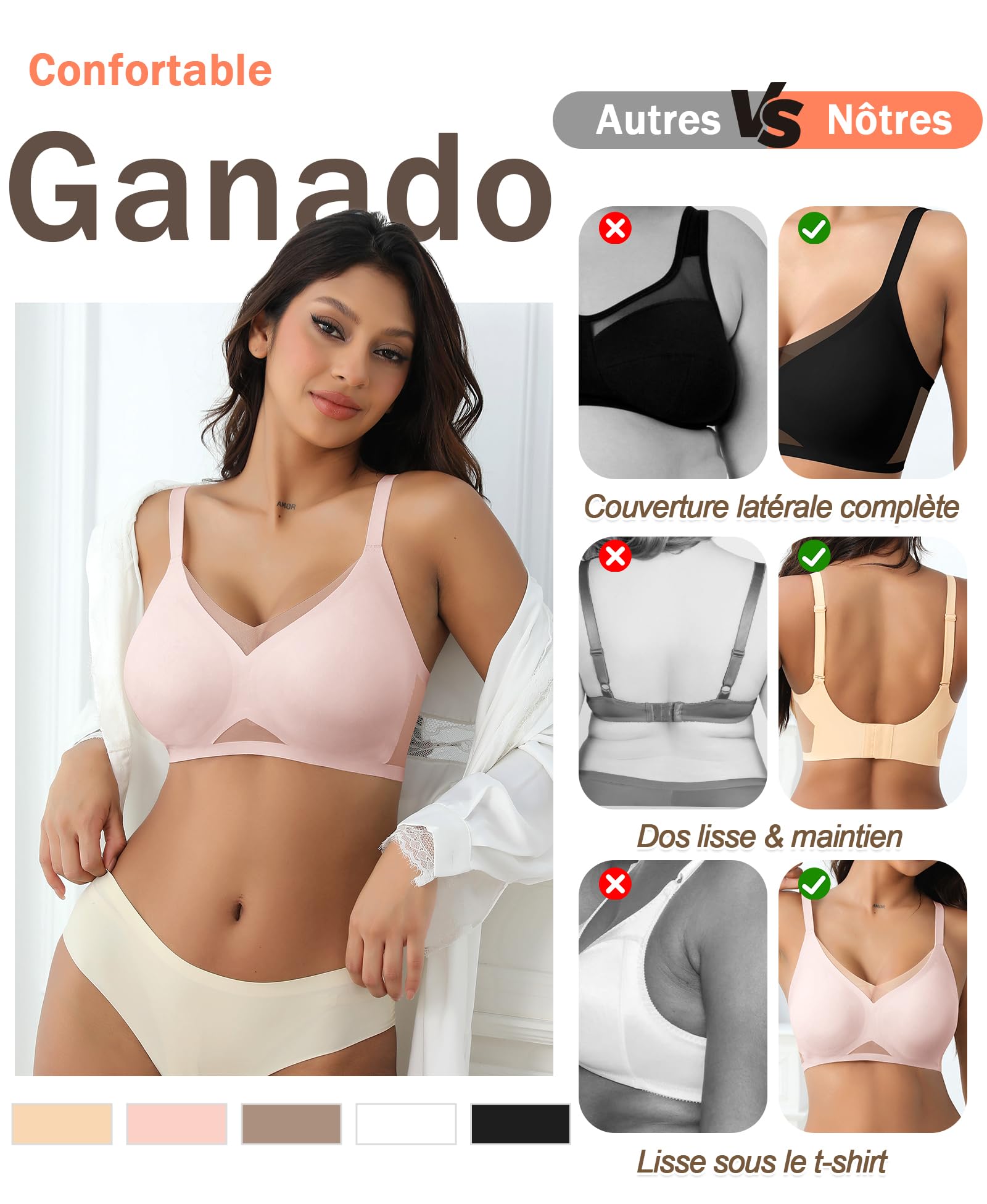 Ganado Soutien Gorge sans Armature Femme Brassière Dentelle Col en V Brassiere Classiques Push up Bralette sans Coutures