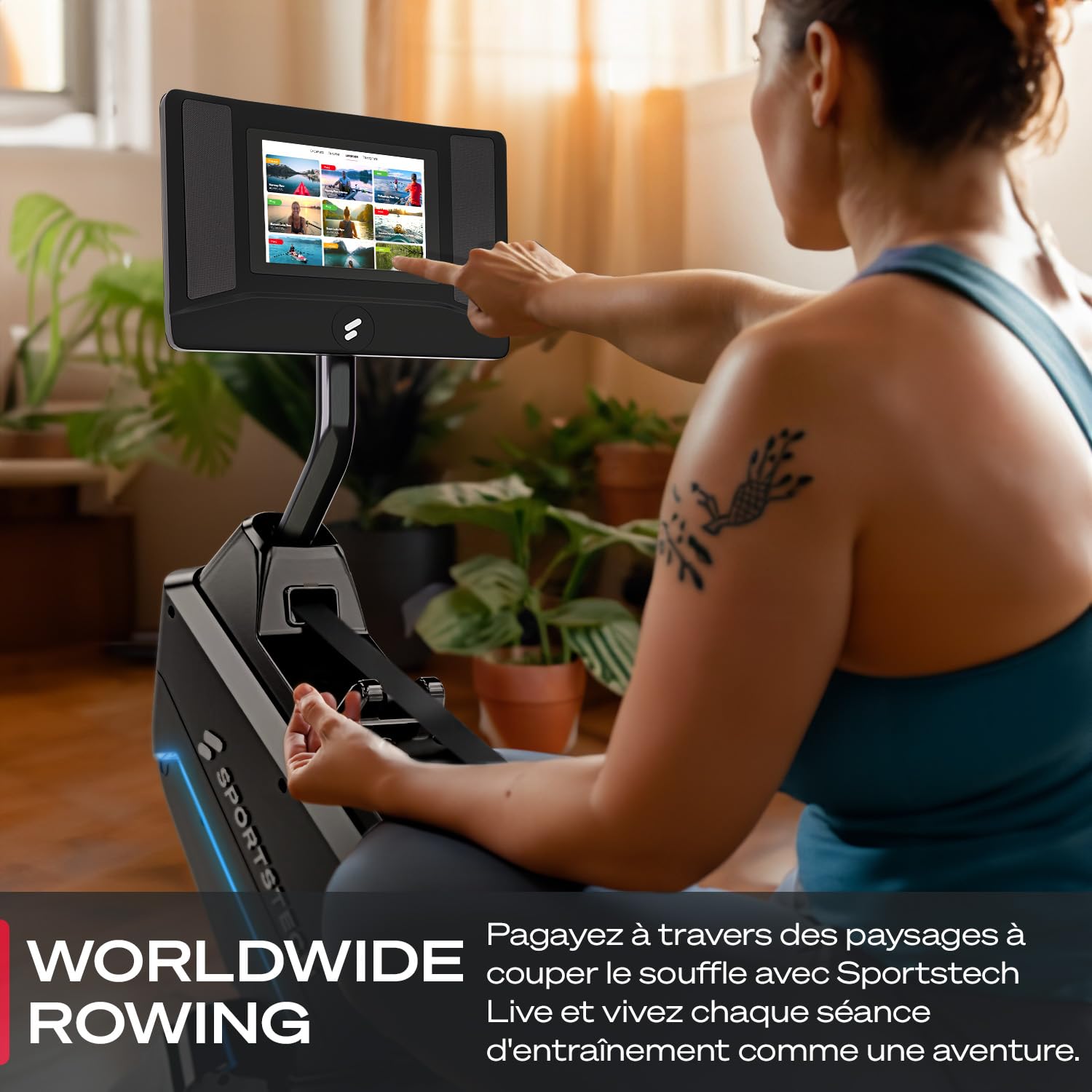 Rameur Premium Sportstech pour la Maison avec écran Tactile, avec 1 an d'App STL Incluse, Marque Allemande, appli avec Cours & entraînements, rameur Pliable avec Technologie LED, sRow