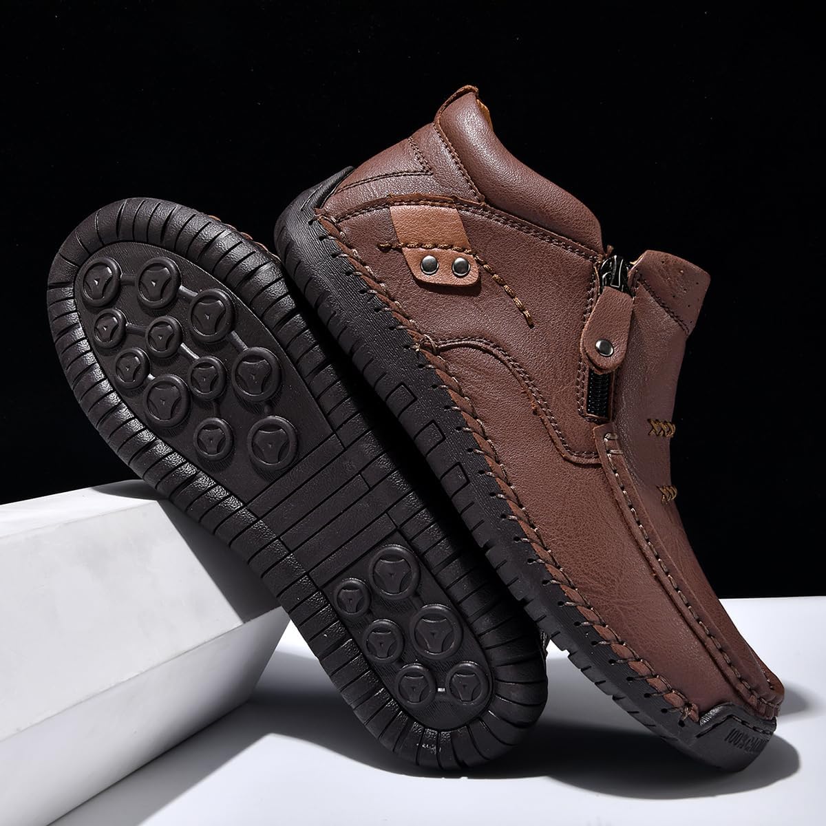 Coramtty Men's Casual Chukka Boots Handmade Comfort Vintage Mid Top Ankle Boots Side Zipper Lightweight Loafers Walking Driving Dress Shoes