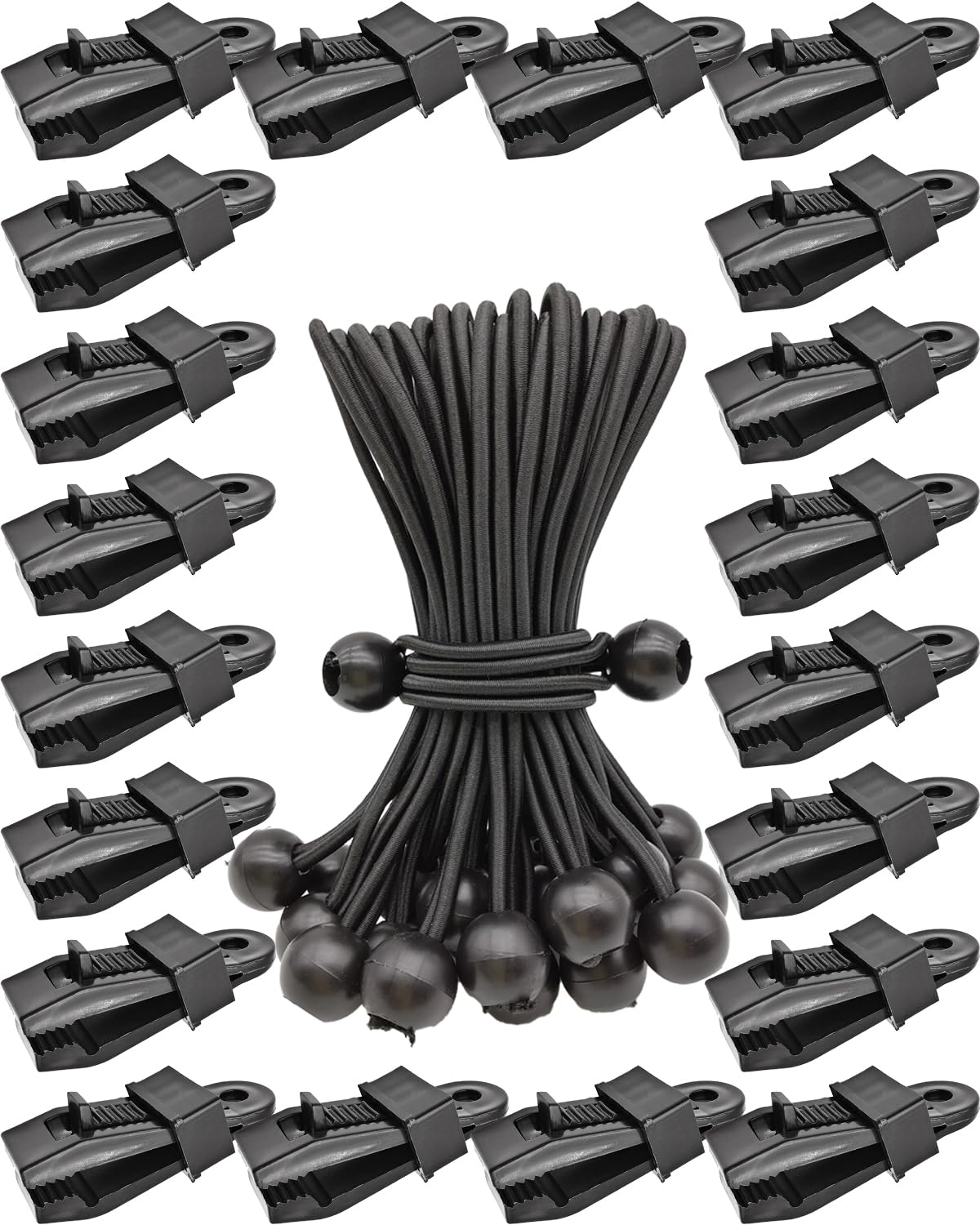 20 Pack Tarp Clips Lock Grip and 20 Pack Ball Bungee Cords 6 Inch