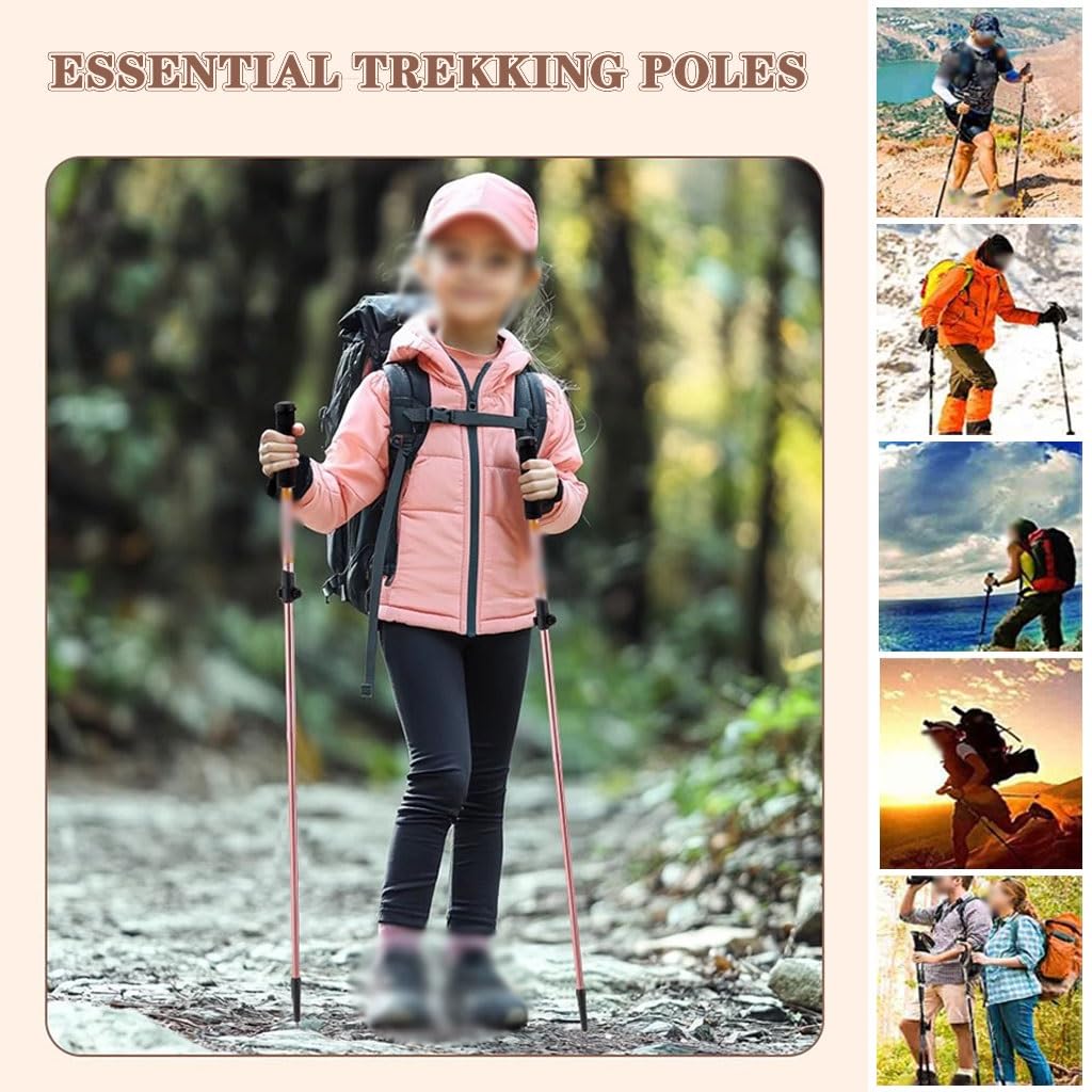 Portable Adjustable Trekking Poles, 2 Pack Walking Sticks with Outer Lock, Safety Tungsten Steel Pole Tip, with Wrist Strap(Pink Color)
