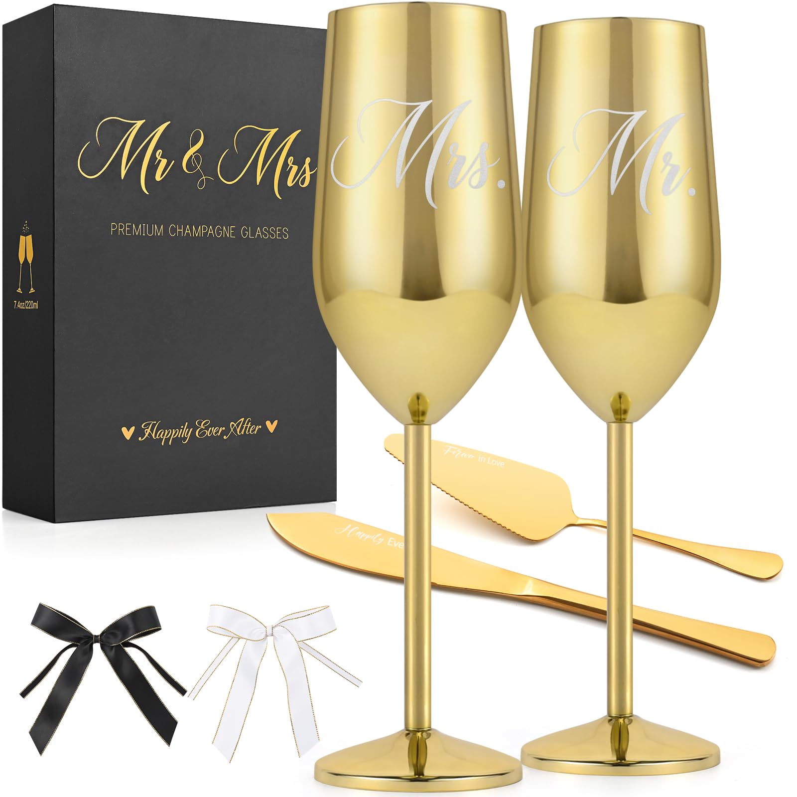 Lifecapido Engagement Gifts for Couple, Mr & Mrs 7.4oz Stainless Steel Champagne Glasses, Wedding Cake Knife and Server Set, Bride Groom Toasting Champagne Flute, Ideal Wedding Gift, Gold