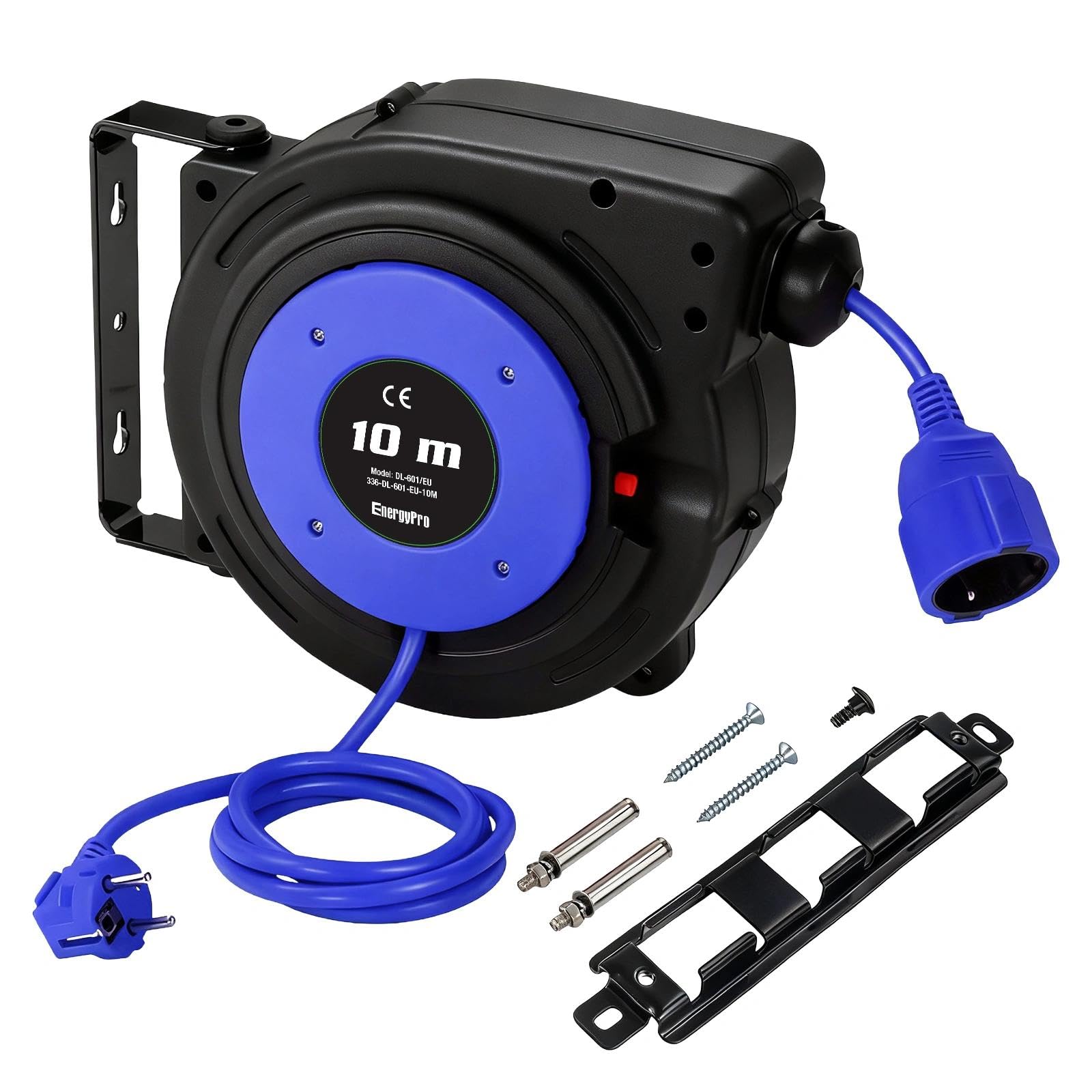 EnergyPro Automatische Kabeltrommel 10m, 2300W, wandmontierbar mit TÜV-Prüfung & Montage-Set – Kabeltrommel Outdoor für Garten, Werkstatt und Garage