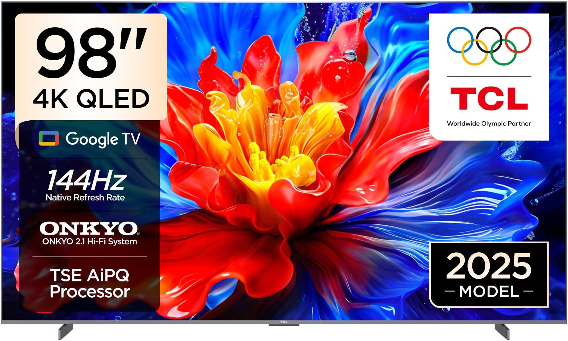 TCL 98P8K Television 98 Inch Smart TV 4K QLED Colorful Quantum Crystal HDR 10+ Gaming Google TV, 144Hz Native Refresh Rate, ONKYO 2.1 Hi-Fi, Dolby Atmos, DTS Virtual X, MEMC, Game Master (2025 Model)