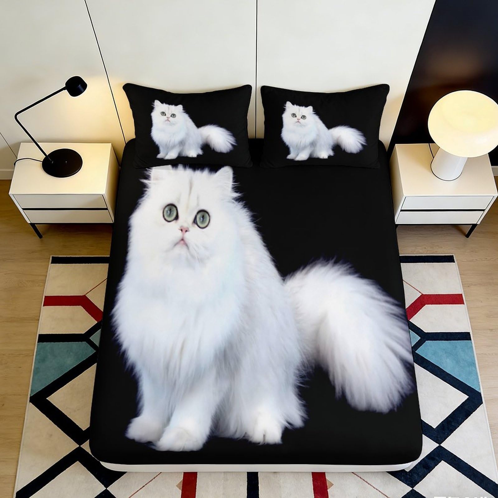 3D Printed White Persian Cat Fitted Sheet Microfiber Soft Breathable Fluffy Cat Bed Cover for Bedroom Dormitory Guest Room Mattress Protection 120x200x25cm