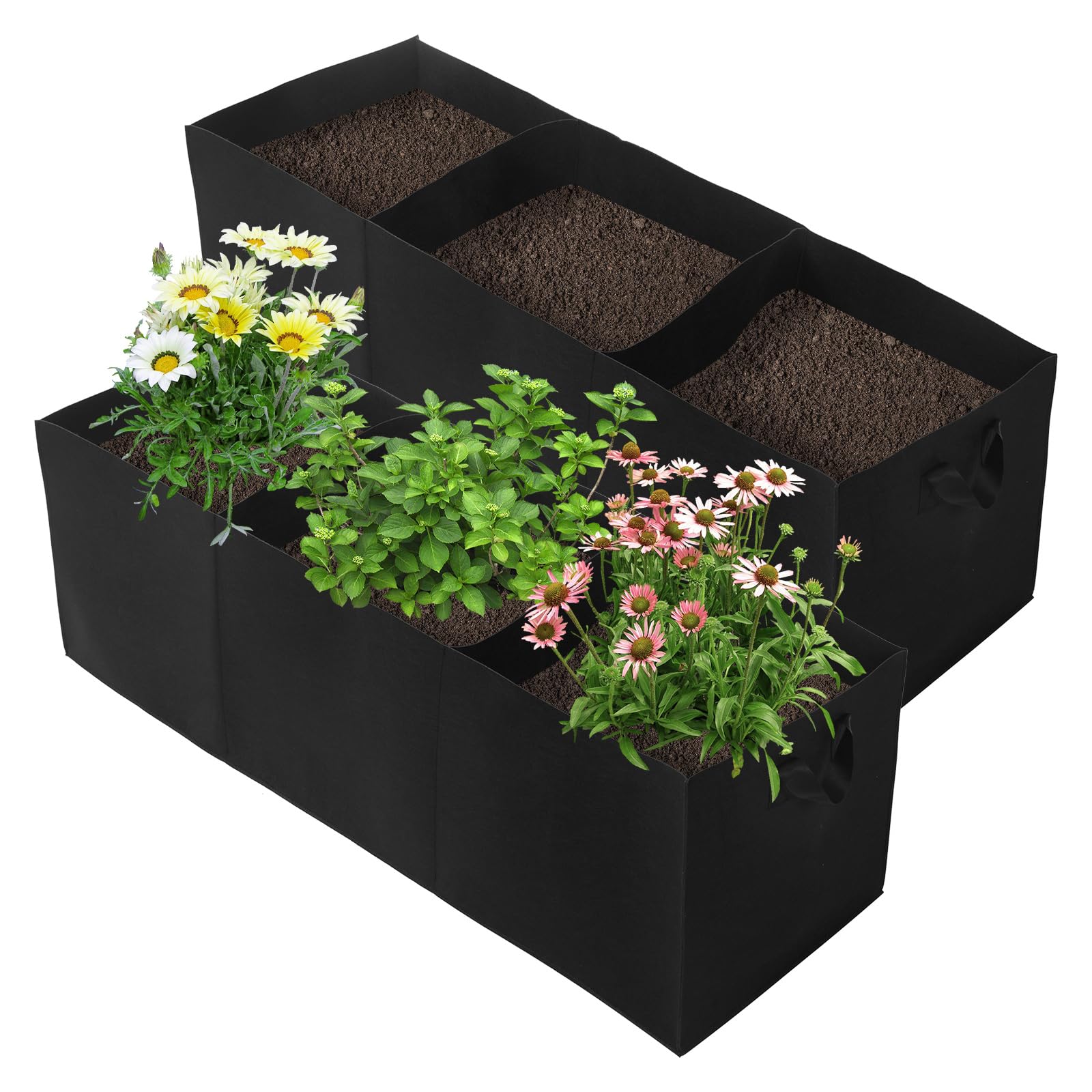 Photo 1 of 2 Pack Plant Grow Bags, 3 Divided Grids Fabric Raised Planting Bed Rectangle Raised Vegetable Planter Garden Planting Grow Pot Outdoor Planter Box for Vegetables, Flowers, Plants (Black, 120x40x40cm)