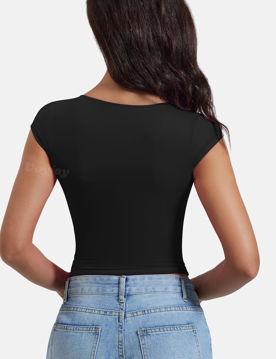 VOYJOY Womens V Neck Short Sleeve T Shirt Double Lined Tee Seamed Cup Slim Fit Basic Tops Crop Top Y2K Going Out Top - Image 3