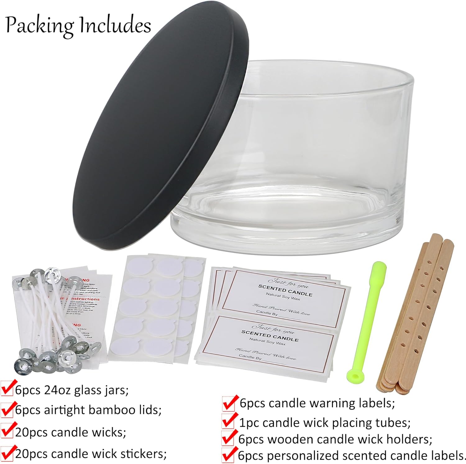 MILIVIXAY 6 Pack 24 oz Candle Jars with Metal Lids and Candle Making Kits - 3 Wick Candle Jar,Bulk Empty Clear Thick Glass Jars for Making Large Candles - Spice, Powder Containers.