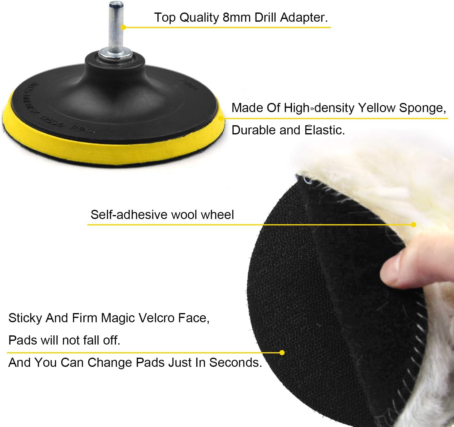 5 Inch Buffing Wool Pads 8PCS Kits, Felt Polishing Pad Buffing Wheel for Drill Woolen Wax Pad and Hook & Loop Backing Plate with 8mm M14 Drill Adapter for Car & Boat Polishing, Waxing, Sealing, Glaze : Automotive