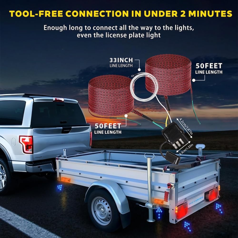NEW SUN LED Trailer Lighting & Wiring Bundle: 2Pcs 4" Round High Bright Tail Lights (Stop/Turn/Reverse, Waterproof, Plug & Play) & 25FT 4 Pin 5 Wire Harness (4 Way Flat, Copper Wire, Nylon Braided)