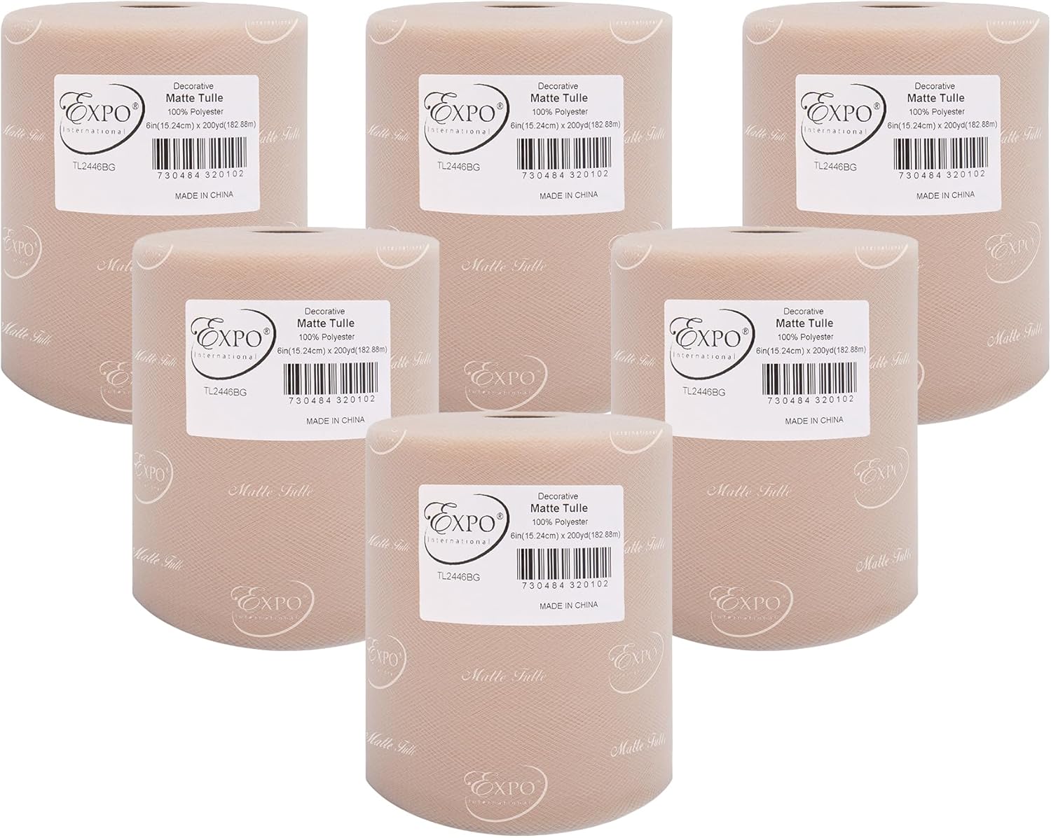 Expo International Decorative Matte Tulle, Roll/Spool of 6” X 200 Yards, Lightweight Polyester Tulle Fabric for Tutus, Costumes, and Party Decorations, Washable, Easy-to-Use, Pack of 6, White