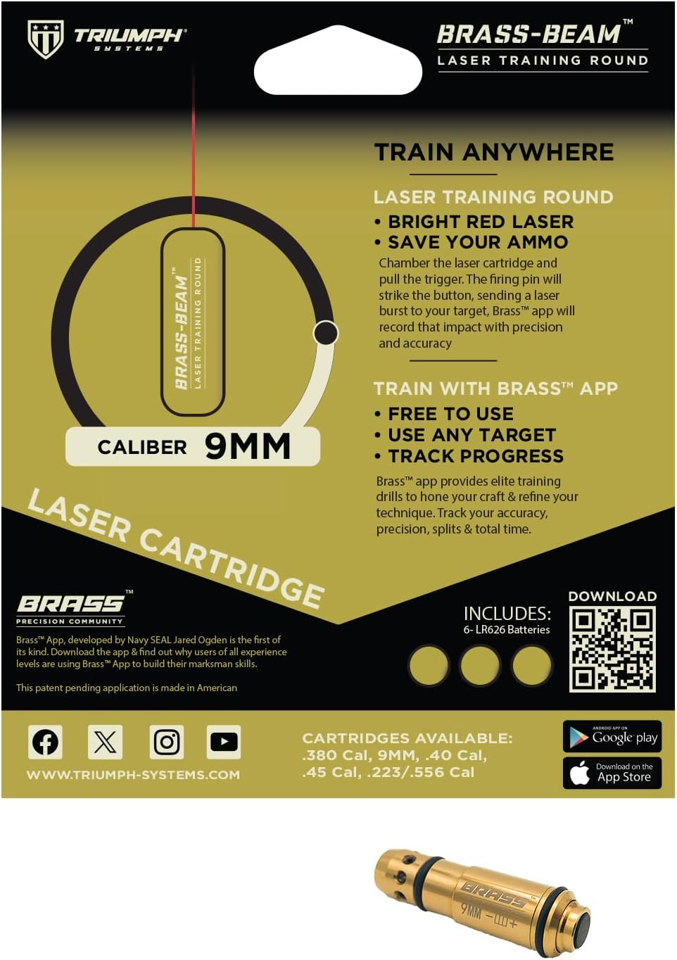 Brass Beam Dry Fire Training Laser, 9mm
