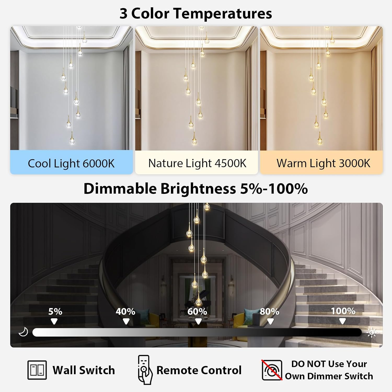 Dandelion Crystal Light Staircase Chandelier: Modern Raindrop Round Dimmable LED Ceiling Hanging Pendant Fixture - Large Long Chandeliers for High Ceilings Living Room Entryway Stairs Foyer 12 Lights