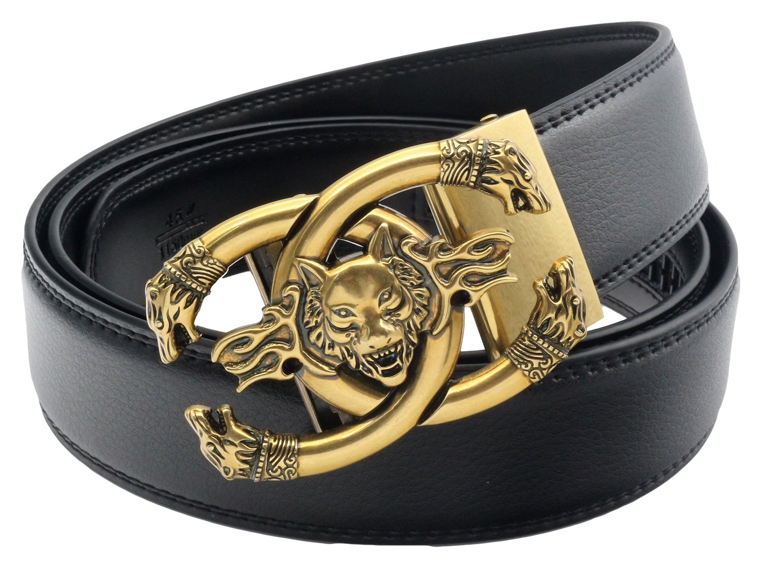 QHA Mens Ratchet Leather Belts for Men Jeans Dress Wolf Automatic Belt Buckle EB19 Bronze Black 30"-36"