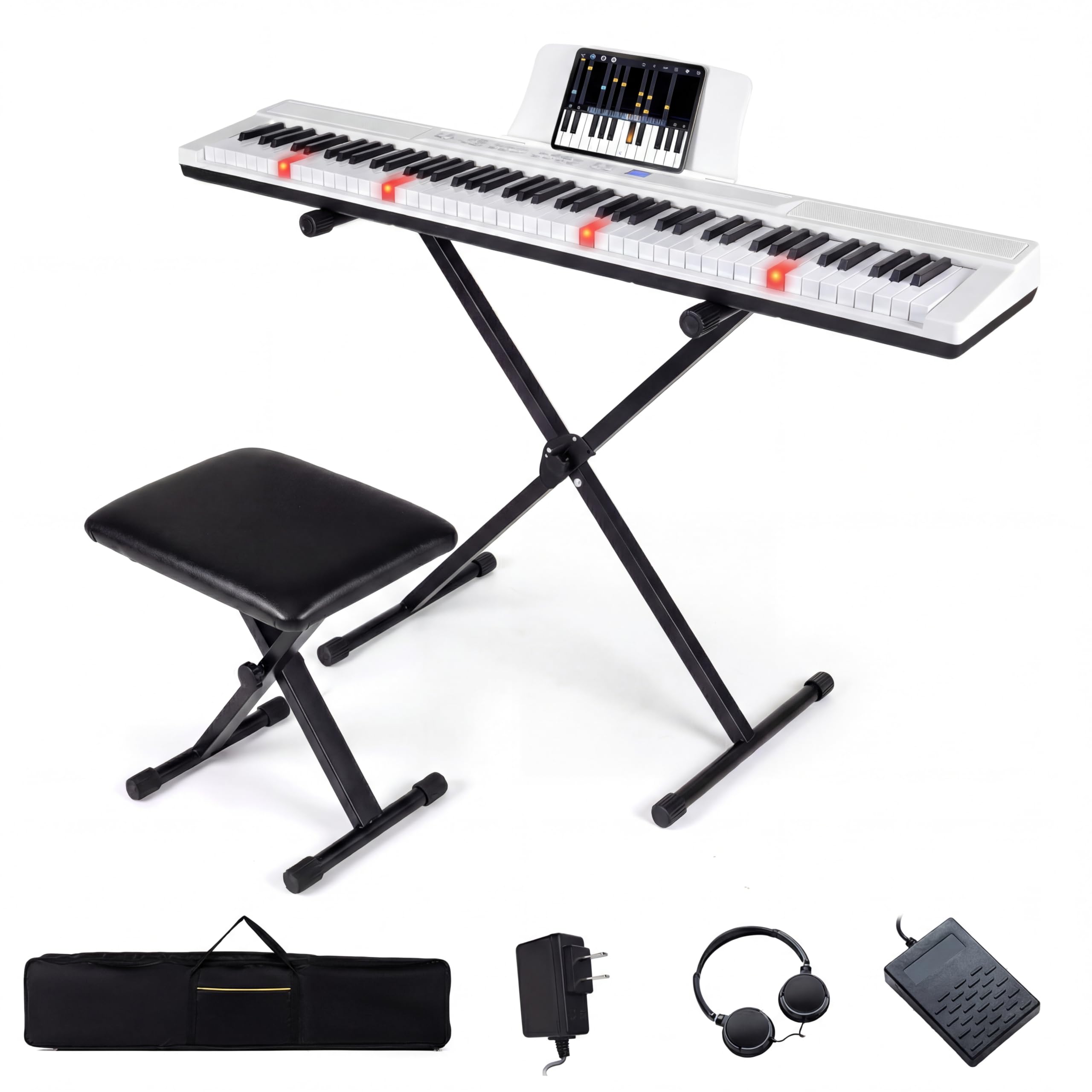 KOMFOTTEU Piano Numérique 88 Touches avec Support réglable & Tabouret, Touches lumineuses, Clavier de Pianos Électroniques avec Casque, Pédale et Pupitre, Piano Électronique, Sac de Transport (Blanc)