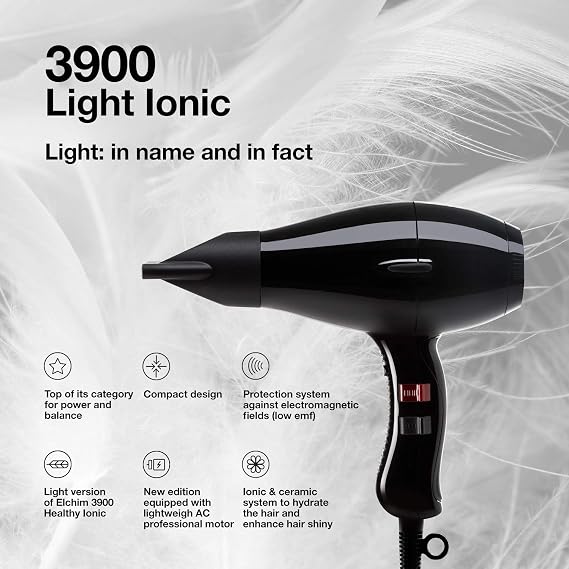 Elchim 3900 Light Ionic Professional Hair Dryer, 1875W Dryer, Ionic & Ceramic Technology, Lightweight AC Motor, Fast Drying, Low EMF Protection, Dual Quick-Lock Concentrators, Made in Italy, Black