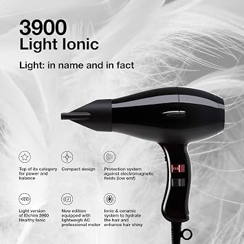 Elchim 3900 Light Ionic Professional Hair Dryer, 1875W Dryer, Ionic & Ceramic Technology, Lightweight AC Motor, Fast Drying, Low EMF Protection, Dual Quick-Lock Concentrators, Made in Italy, Black