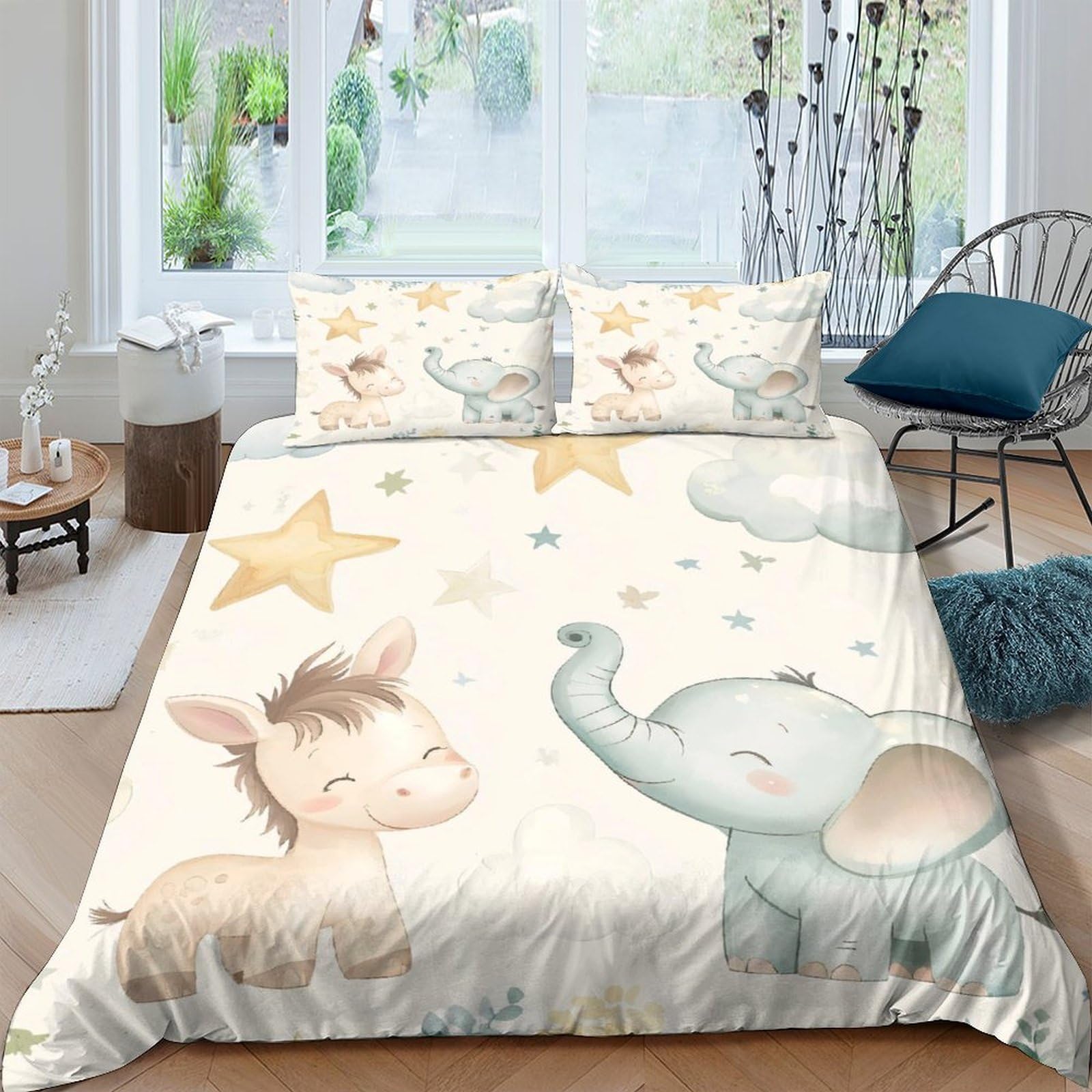 GPLZQXKJNH 3D Printed Cartoon Elephant Star Duvet Cover Microfiber Soft Breathable Giraffe Bedding Set with 2 Pillowcases for Bedroom Decor Single（135x200cm）