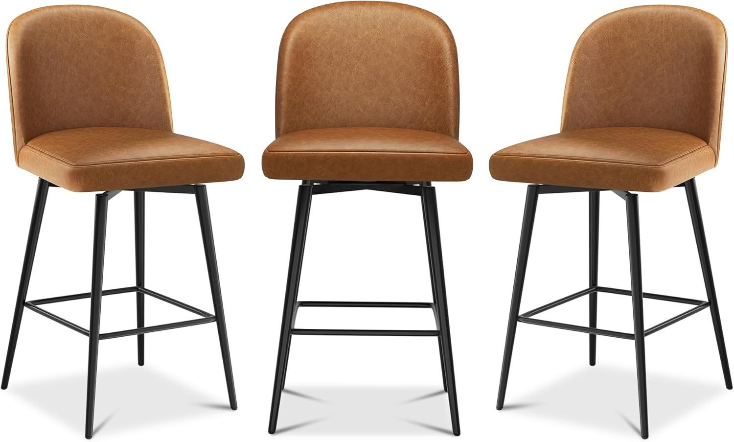 Swivel Bar Stools Set of 3, 26 Inch Faux Leather Counter Height Barstools with Back and Metal Frame, Upholstered Counter Stools with Footrest for Kitchen Island, Dining Room, Pub, Saddle Brown