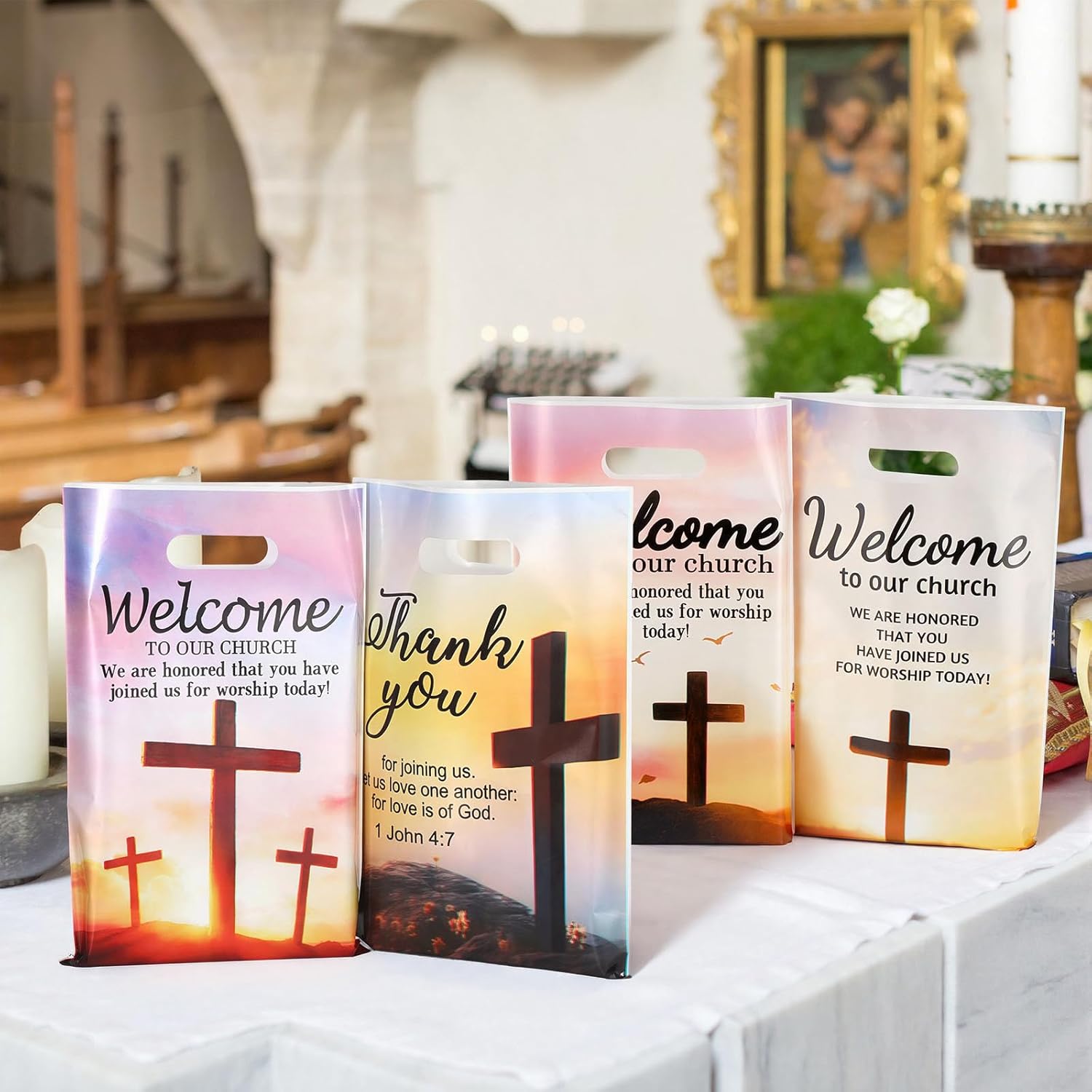 Kolldenn 120pcs Church Welcome Bags Religious Candy Gift Plastic Bags Welcome to Our Church Plastic with Christian Cross and Handles for Vbs Party Supplies Party Favor Decoration - Image 5