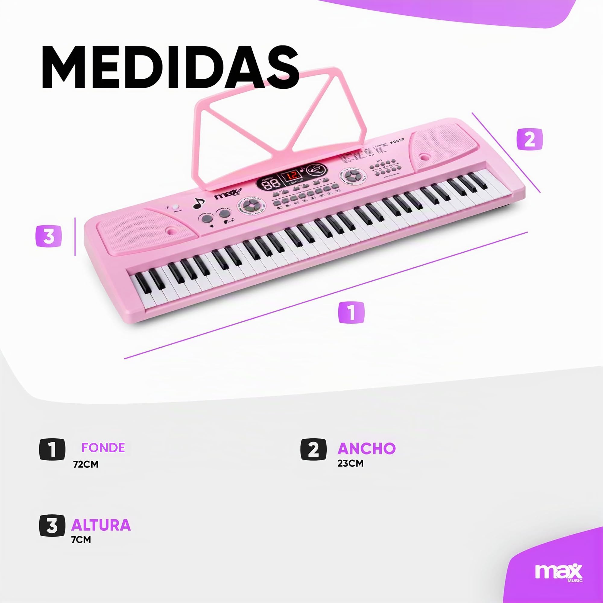 MAX KD61 – Teclado electrónico 61 teclas con batería recargable, función grabación, MIDI USB, micrófono incluido, piano para principiantes portátil compacto, órgano electrónico, color rosa