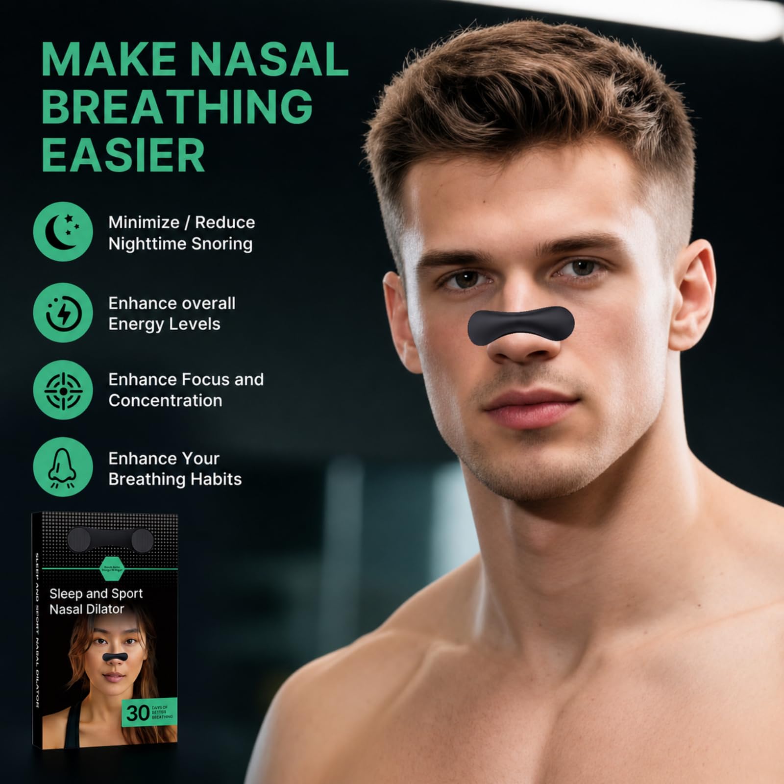 Nasal Strips for Snoring – Reusable Nose Strips, Improve Breathing Sleeping Quality & Nasal Congestion Relief, Snoring Solution Nasal Dilators to Open Passages & Improve Airflow, Black (30 Counts) — Amazon image 2