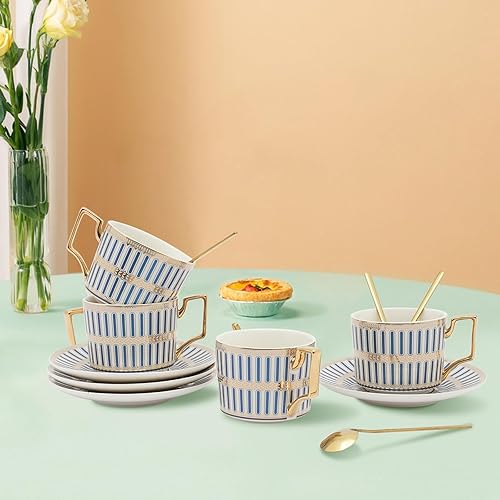 Miniatura 3 de PaNeTnya Juego de 4 tazas y platillos de estilo europeo, taza de té y platillo de porcelana bellamente esmaltados con cuchara dorada adecuados para