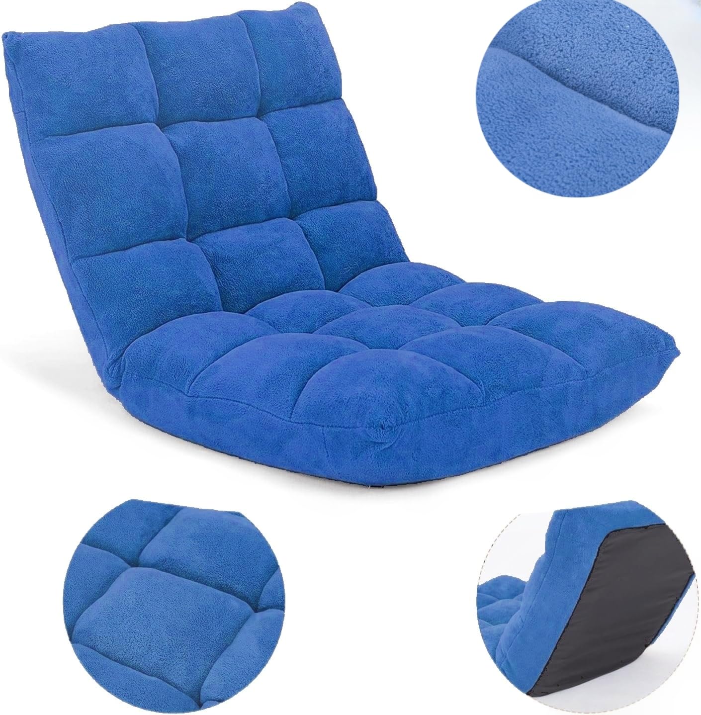 LIFEZEAL Chaise de Sol Rembourrée Pliable, 14 Angles Réglable, Canapé Paresseux Réglable avec Grand Dossier, Chaise de Méditation, Fauteuil Salon pour Yoga, Polaire Corail(Bleu)